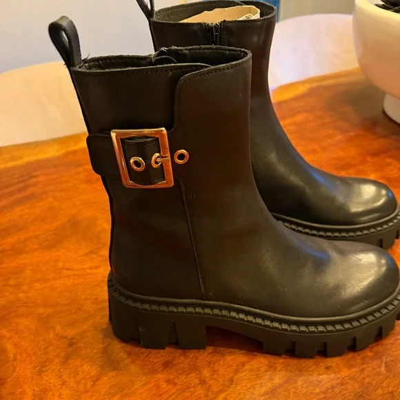 Steve Madden Sameera Black Leather Festival Platform Lug Sole Moto Boots Size 8 - Picture 6 of 15